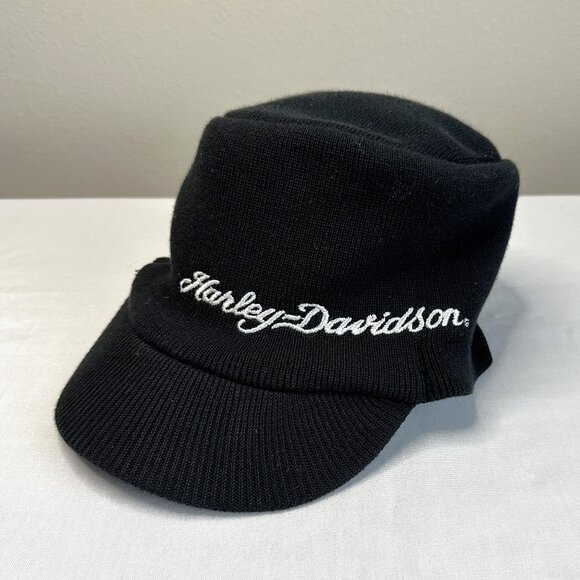 Harley Davidson Cotton Knitted Peaked Hat, Black, White Embroidered Logo - Picture 2 of 10